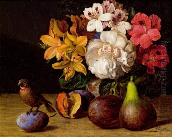 Stillleben Mit Blumen, Obst Und Vogel Oil Painting by Leopold Zinnogger