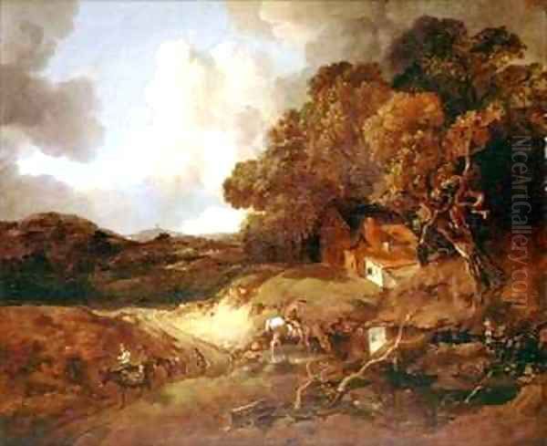 Extensive wooded landscape with peasants on a path Oil Painting by Thomas Gainsborough