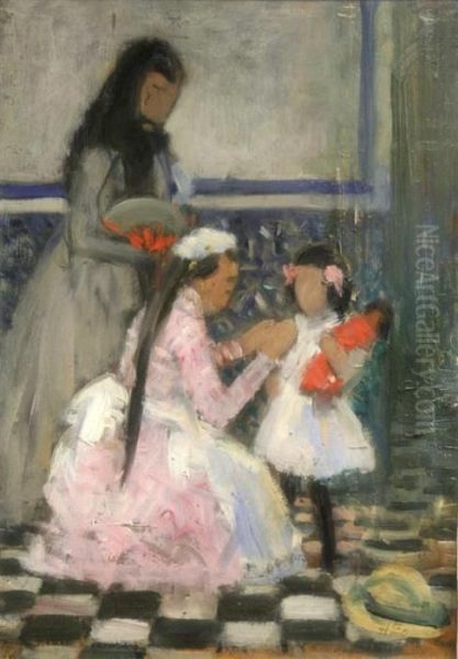 Woman Dressing A Child Oil Painting by Henri Achille Zo