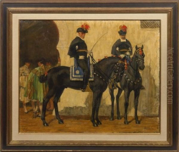 Spanische Stierkampfszene Mit Wartenden Reitern Vor Der Corrida Oil Painting by Henri Achille Zo