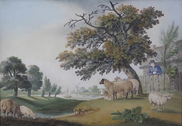 Figure And Sheep By A Cottage Overlooking Ariver, Sand Picture Oil Painting by Benjamin Zobel