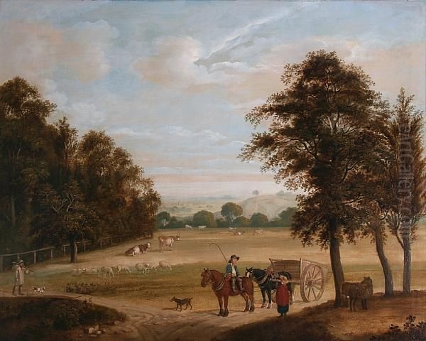 Extensive Rural Landscape With Figures, Horseand Cart And Cattle Oil Painting by Benjamin Zobel