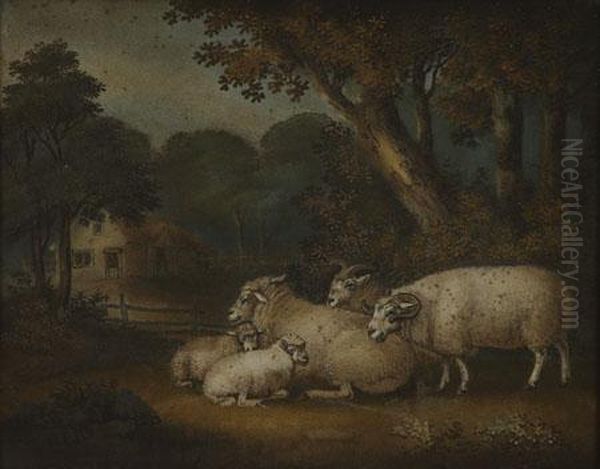 Sheep And Lambs In A Wooded Landscape, A House In The Background Oil Painting by Benjamin Zobel