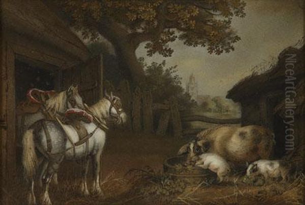 Two Horses And Three Pigs In A Farmyard Oil Painting by Benjamin Zobel