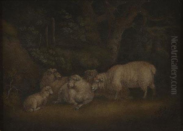 Sheep And A Lamb In A Woodland Landscape Oil Painting by Benjamin Zobel