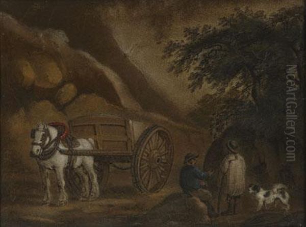 A Shire Horse And Cart, A Dog And Two Farm Labourers Talking Oil Painting by Benjamin Zobel