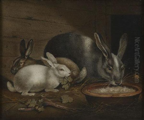 Three Various Rabbits Eating Greens In An Interior Oil Painting by Benjamin Zobel