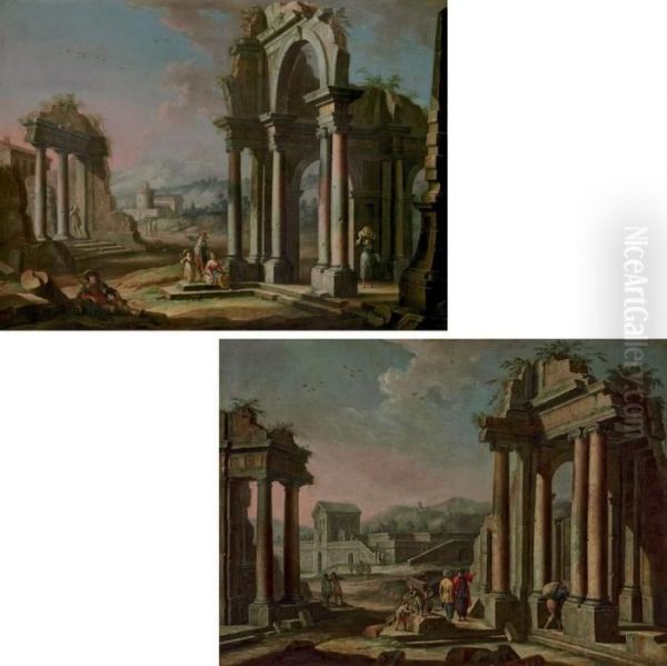 An Architectural Capriccio With Classical Ruins Oil Painting by Giuseppe Zocchi