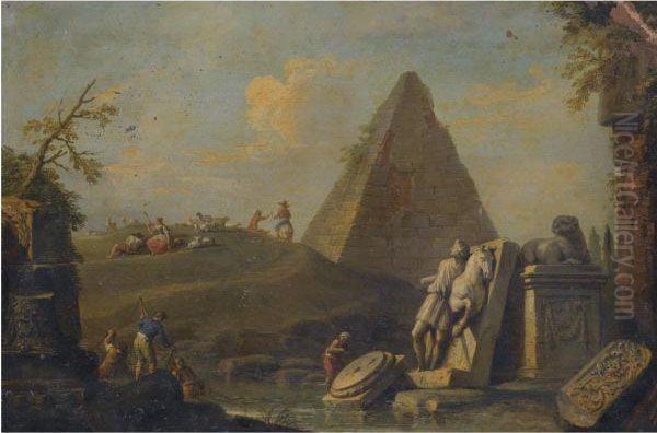 A Capriccio Landscape With The 
Pyramid Of Mucius Scaevola And Fishermen Drawing In Their Nets From A 
Stream Oil Painting by Giuseppe Zocchi