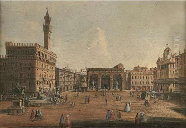 The Piazza Della Signoria Florence, Looking Towards The Loggia Deilanzi Oil Painting by Giuseppe Zocchi