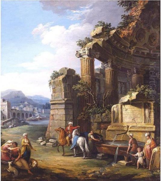 An Italianate River Landscape 
With Classical Ruins, Figures Dressed In Oriental Costume Watering Their
 Horses At A Fountain With Others Fetching Water Nearby Oil Painting by Giuseppe Zocchi