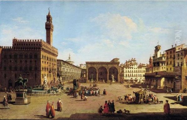 Florence, A View Of The Piazza 
Della Signoria Looking East, With The Palazzo Vecchio And The Loggia Dei
 Lanzi, And Figures Gathered Around A Puppet-show Oil Painting by Giuseppe Zocchi