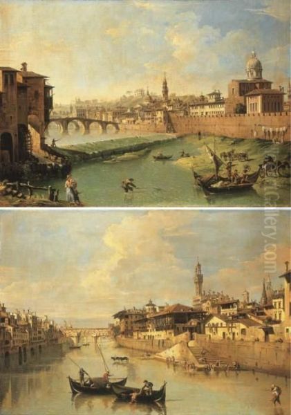 Vue De L'arno Avec Le Ponte Alla Carraia; Et Le Ponte Vecchio,florence Oil Painting by Giuseppe Zocchi