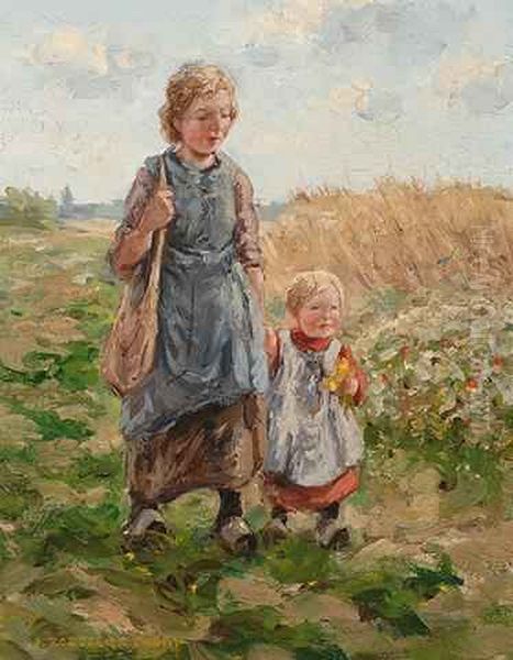 Walking On The Field Oil Painting by Jan Zoetelief Tromp