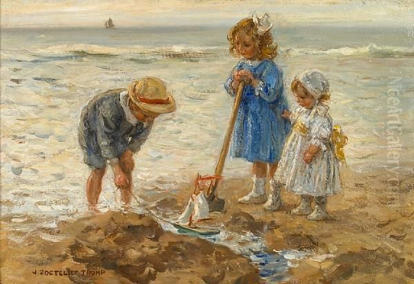 Children Playing Along The Seashore Oil Painting by Jan Zoetelief Tromp