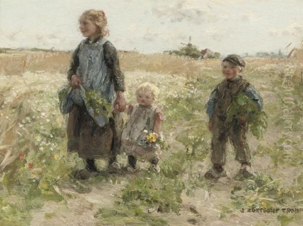 Children Walking In The Fields Oil Painting by Jan Zoetelief Tromp