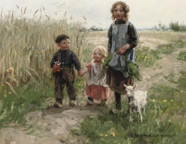 Children Walking Through A Meadow Oil Painting by Jan Zoetelief Tromp