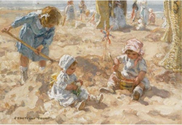 A Day At The Beach Oil Painting by Jan Zoetelief Tromp