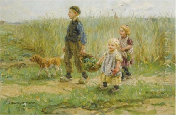 Children Strolling In The Fields Oil Painting by Jan Zoetelief Tromp