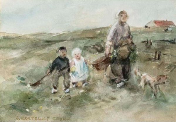 Mother And Her Children In The Dunes Oil Painting by Jan Zoetelief Tromp