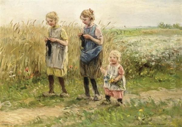 Children Strolling In The Fields Oil Painting by Jan Zoetelief Tromp