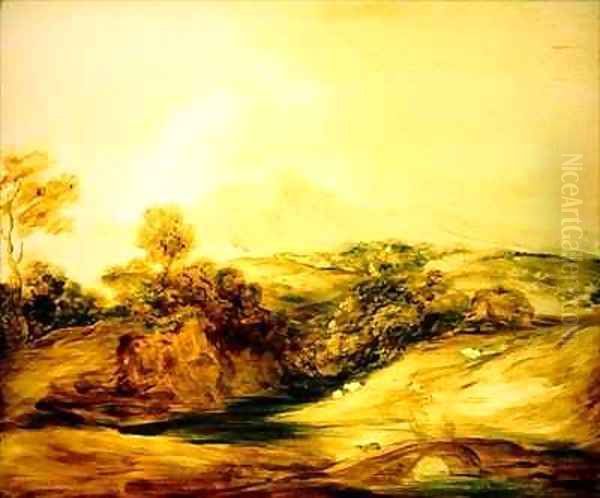 Wooded River landscape with figures on a bridge Oil Painting by Thomas Gainsborough