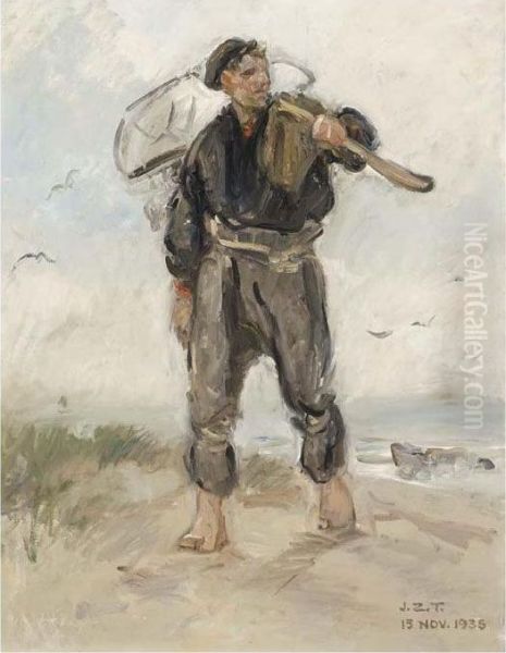 A Shell Fisher In The Dunes Oil Painting by Jan Zoetelief Tromp