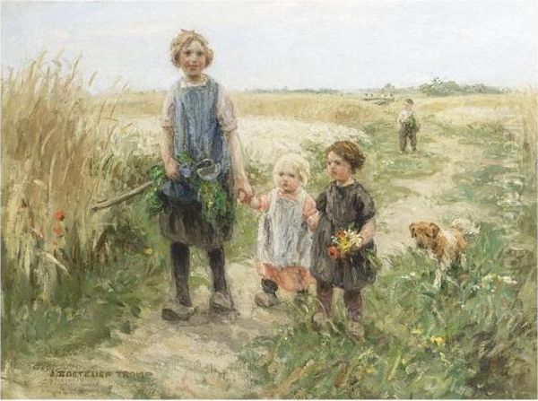 Children Walking In The Fields Oil Painting by Jan Zoetelief Tromp