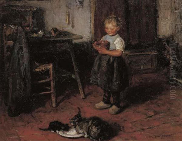 Feeding The Kittens Oil Painting by Jan Zoetelief Tromp