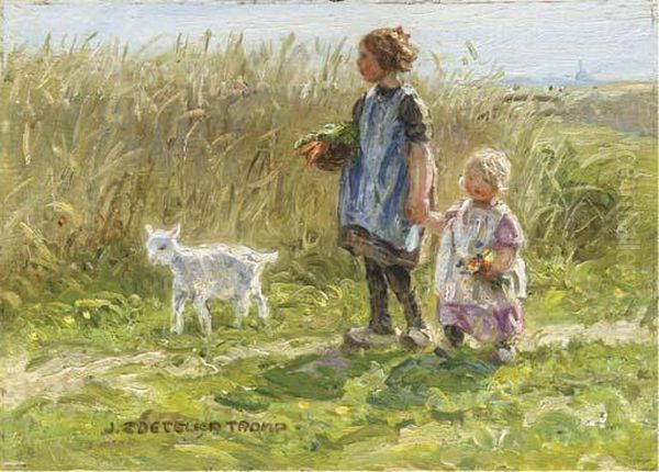 The Pet Goat: Children Taking A Walk In Summer Oil Painting by Jan Zoetelief Tromp