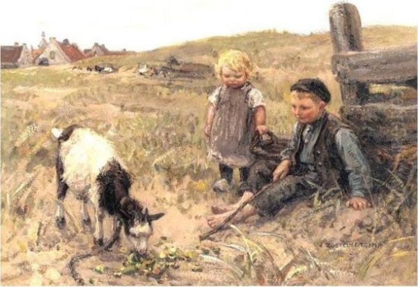 Children Playing With A Goat Oil Painting by Jan Zoetelief Tromp