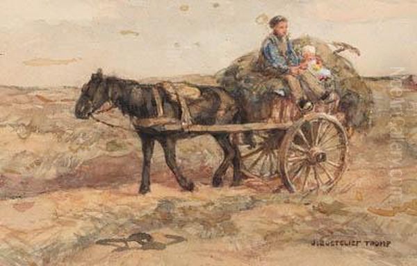 A Father And Child On A Horse-drawn Cart Oil Painting by Jan Zoetelief Tromp