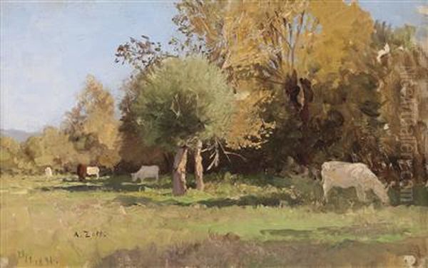 Summer Landscapewith Cows Oil Painting by Alfred Zoff