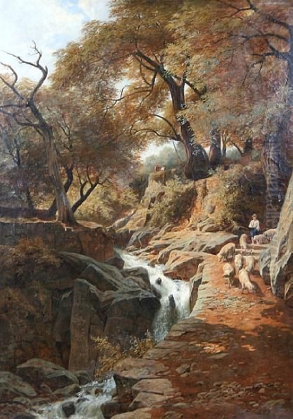 Young Shepherd Boy With Flock By A Rocky Woodland Stream Oil Painting by Alfred Zoff