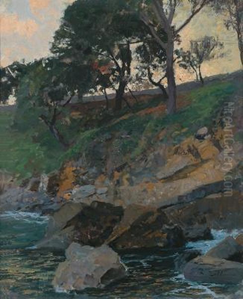 Trees On A Riverbank Oil Painting by Alfred Zoff