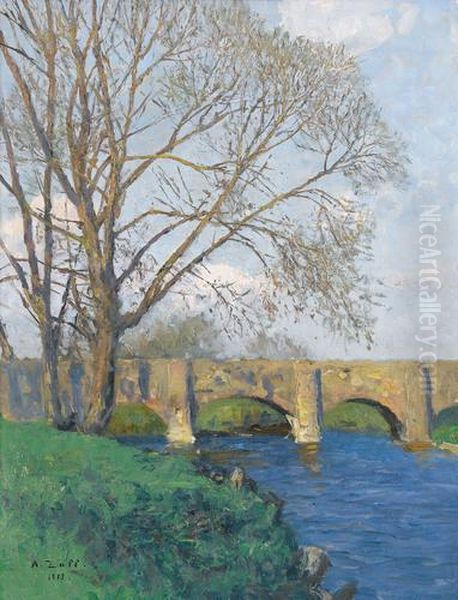 Alte Brucke In Burgau Oil Painting by Alfred Zoff