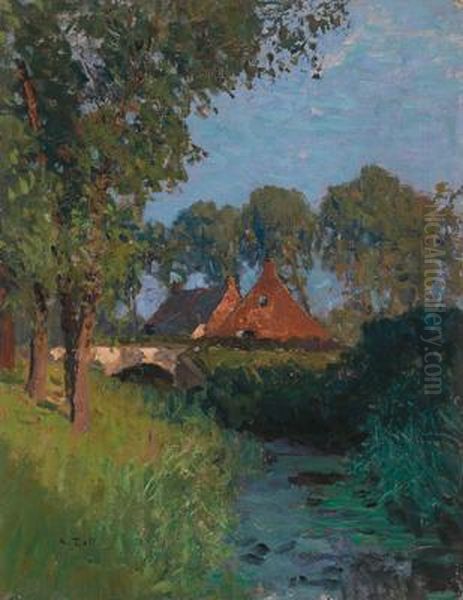 Houses By A Stream Oil Painting by Alfred Zoff