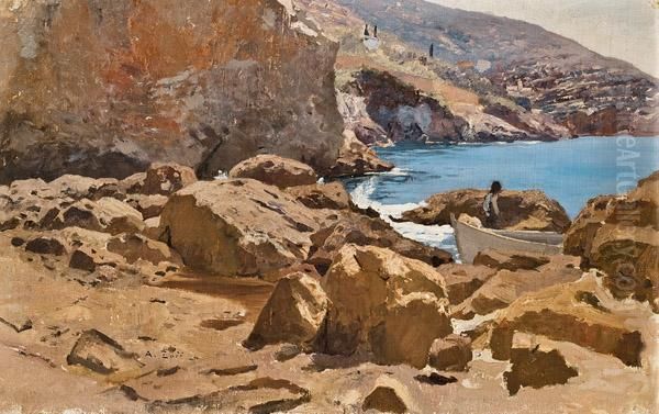 Fischer In Einer Bucht An Der Riviera Oil Painting by Alfred Zoff