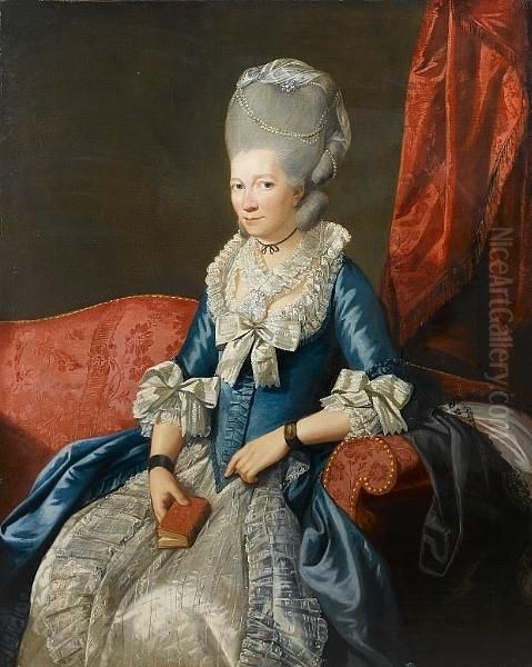 Portrait Of A Lady, 
Three-quarter-length, In A Blue, Lace-trimmed Dress With A Pearl 
Headdress And A Miniature On Her Wrist, Seated In A Red Chair Before A 
Red Curtain Oil Painting by Johann Zoffany