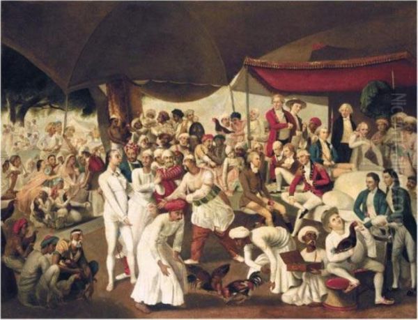 Colonel Mordaunt's Cockfight At Lucknow Oil Painting by Johann Zoffany