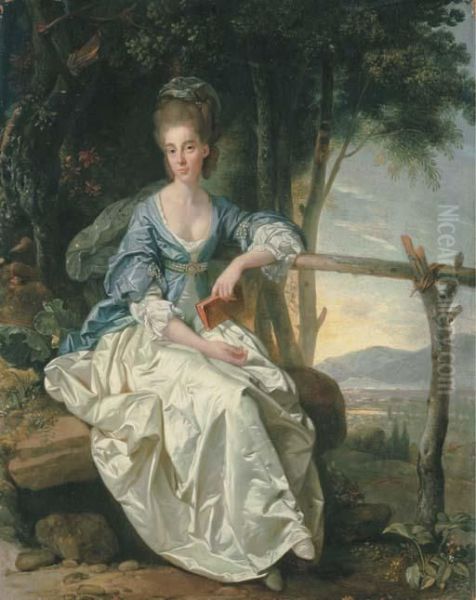 Portrait Of Miss Matilda 
Clevland, Small Full-length, Seated, In Ablue And White Dress, Holding A
 Red Book In Her Left Hand, In Atuscan Landscape Oil Painting by Johann Zoffany