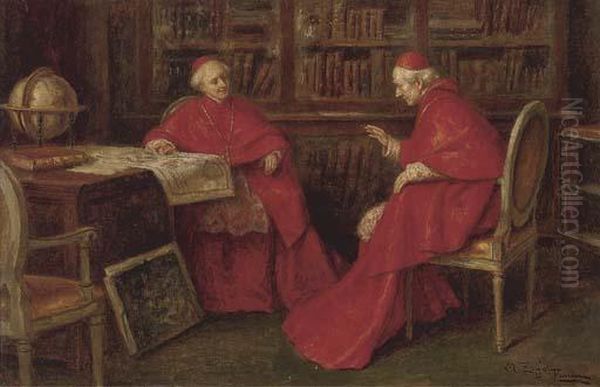 Cardinals Studying A Map Oil Painting by A. Zoffoli