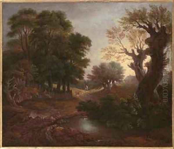 Wooded Landscape with Drover and Cattle and Milkmaids Oil Painting by Thomas Gainsborough