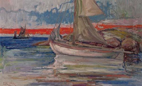 A Sailing Boat Moored In A Quiet Inlet Oil Painting by Emil Zoir