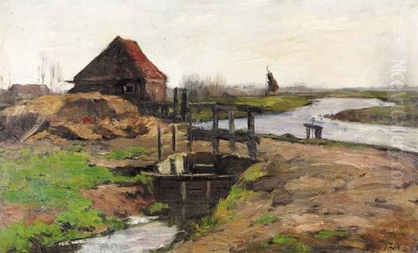 Hollandische Feldpartie Mit Kanal Und Schleuse. Oil Painting by Jacques Abraham Zon