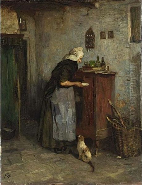 Feeding The Cat; Together With A Work By Roland Larij Oil Painting by Jacques Abraham Zon