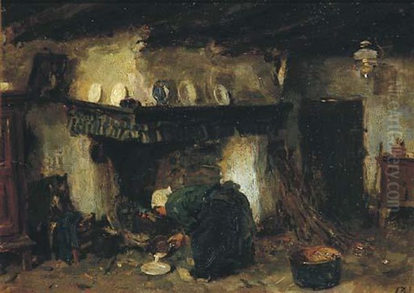 By The Kitchen Fire Oil Painting by Jacques Abraham Zon