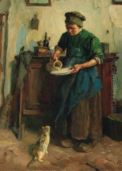 Feeding The Cat Oil Painting by Jacques Abraham Zon