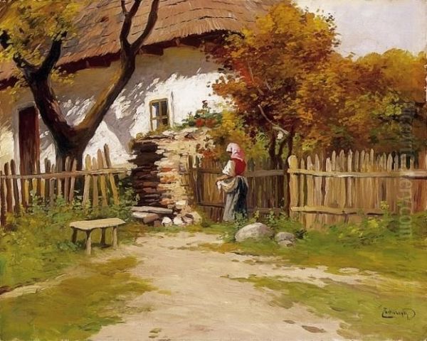 Village Scene Oil Painting by Gyula, Julius Zorkoczy