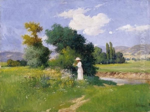 Picking Flowers On The Brookside Oil Painting by Gyula, Julius Zorkoczy